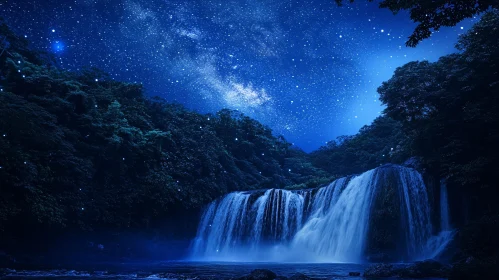 Enchanting Starry Night Over a Forest Waterfall