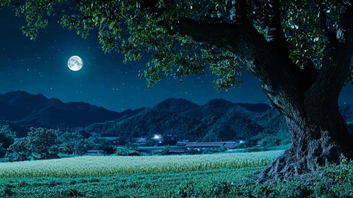 Peaceful Countryside Under Full Moon