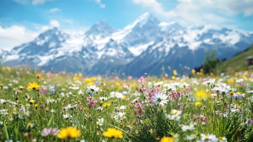 Alpine Meadow in Full Bloom with Mountain Scenery