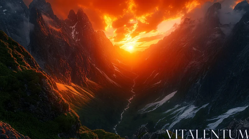 AI ART Mountain Range at Dusk with Fiery Sunset