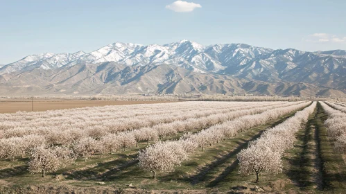 Blossoming Orchard with Majestic Mountain Backdrop