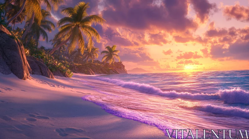 Serene Beach Sunset with Swaying Palm Trees AI Image