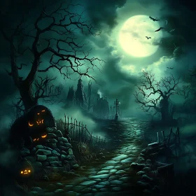 Spooky Cobblestone Path with Full Moon