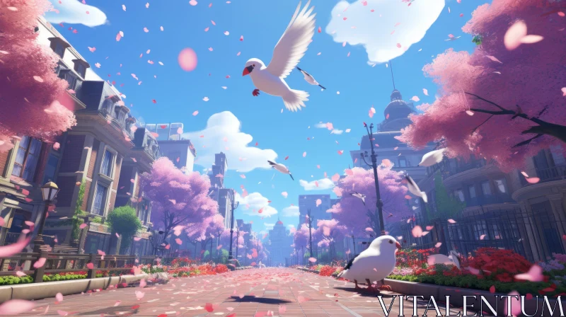 Blossoming Streetscape with Flying Birds - Cartoonish Illustration AI Image