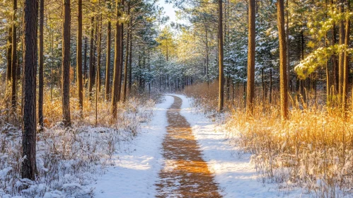 Peaceful Snow-Covered Forest Path in Sunlight