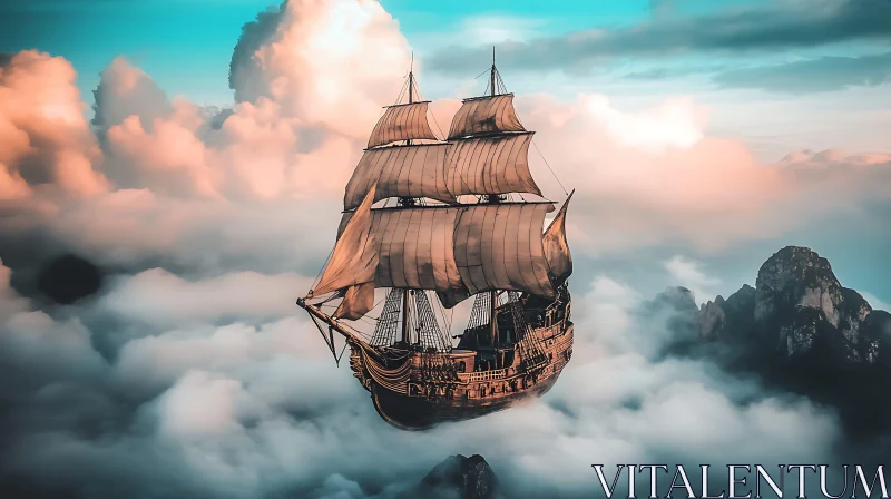 Ethereal Dreamscape of a Sailing Ship in the Clouds AI Image