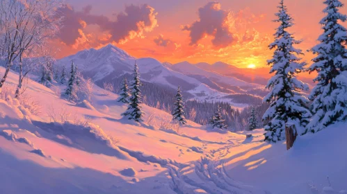 Serene Snowy Mountain Landscape at Sunset