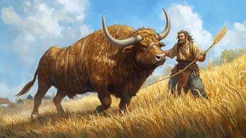 Bull with Large Horns in Wheat Field