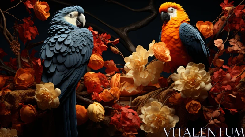 Chiaroscuro Portraiture of Parrots with Orange Flowers AI Image