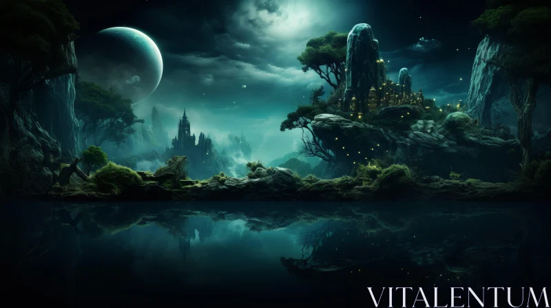 Mysterious Castle in Dark Turquoise Ocean - Fantasy Landscape Wallpaper AI Image