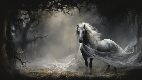 Mystical White Horse in Gothic Fantasy Forest