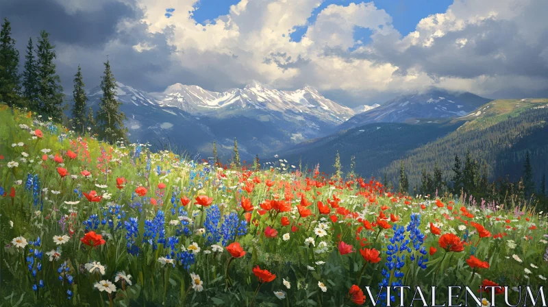 Stunning Meadow of Wildflowers against Majestic Mountains AI Image