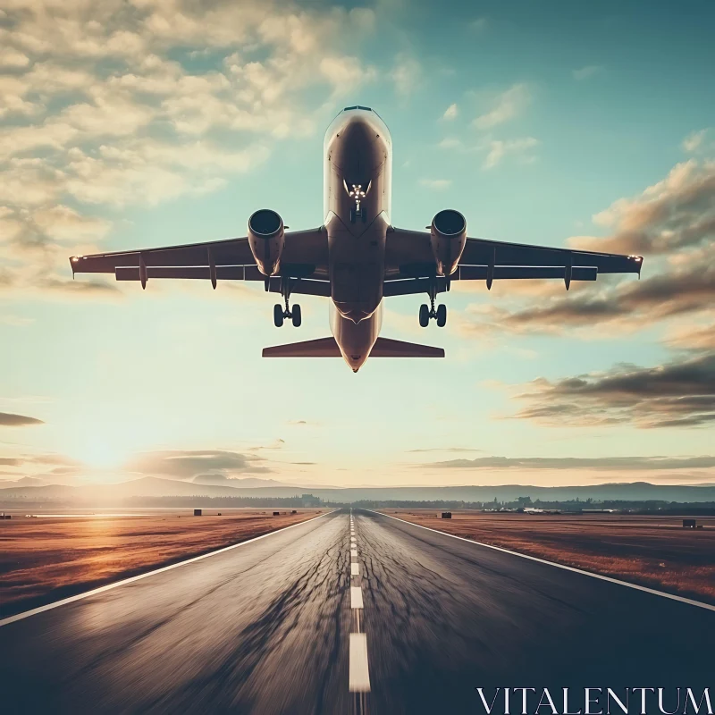 Plane Ascending Into the Sky at Sunrise AI Image