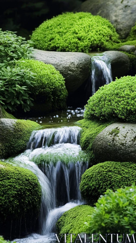 AI ART Calm Stream Over Mossy Rocks in Green Forest