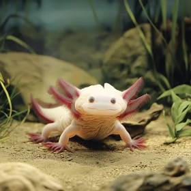 Aquatic Life: White Axolotl with Pinkish-Red Gills