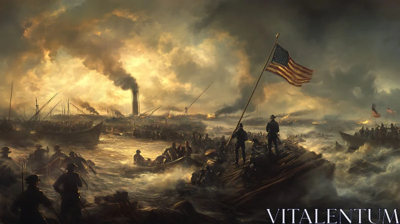 Tumultuous War Scene with American Flag AI Image