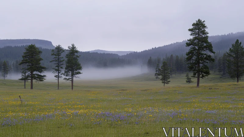 AI ART Misty Meadow Landscape with Pine Trees