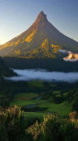 Golden Sunlit Mountain and Lush Green Valley