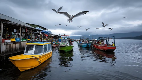 Boats and Seagulls at a Cloudy Harbor Market