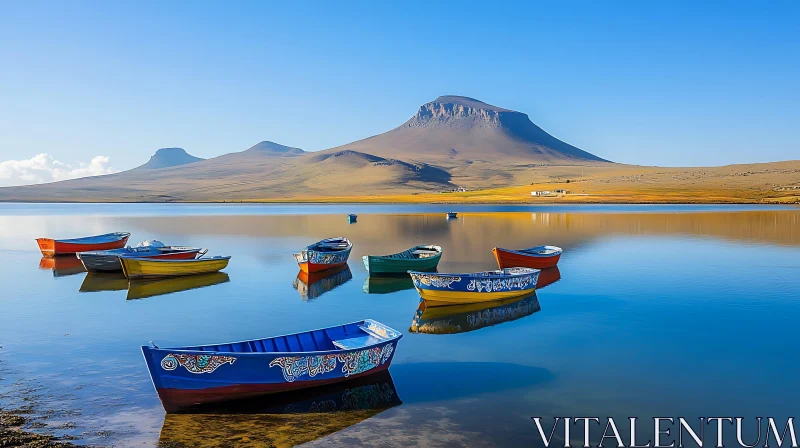 Colorful Boats on Serene Lake with Mountain Background AI Image