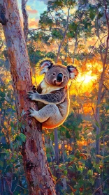 Koala on Tree at Sunset