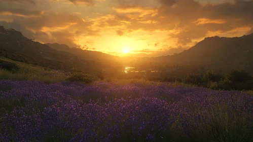 Sunset Over Lavender Fields and Mountains