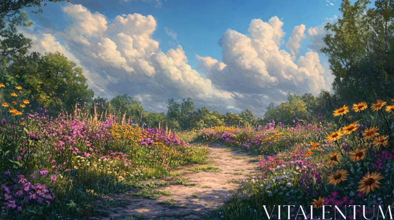 Summer Meadow with a Pathway and Cumulus Clouds AI Image