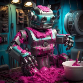 Robot in Pink Paint: A Cyan and Grey Diorama