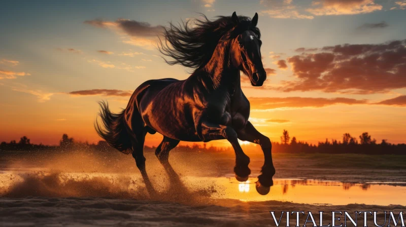 Sunset Gallop: Majestic Black Horse on Beach AI Image