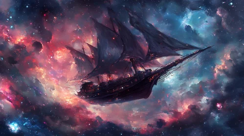 Fantasy Space Vessel Amidst Vibrant Clouds