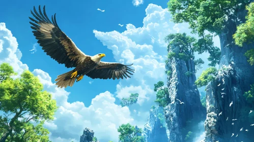 Eagle in Flight Over Mountainous Landscape