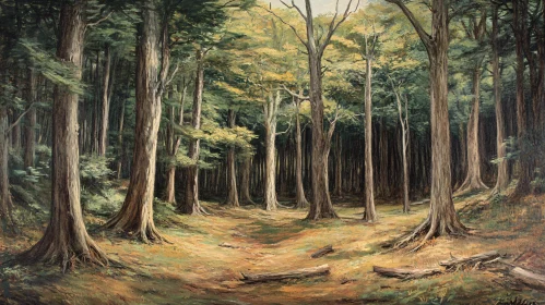 Peaceful Woodland with Tall Trees and Sunlight