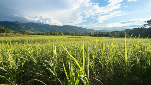 Serene Countryside Landscape with Green Field and Mountains