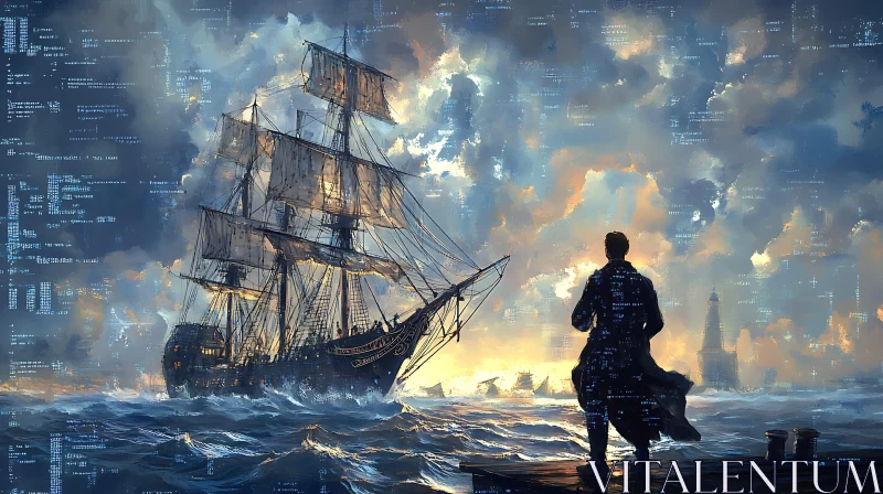 Sailing Ship at Sunset with Technological Elements AI Image