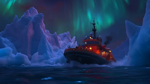 Ship's Journey Through Icebergs with Aurora Display