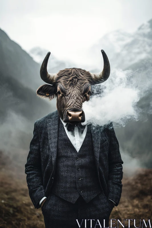 Anthropomorphic Bull in Suit with Smoky Mountain Background AI Image