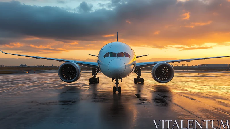 Commercial Jet at Sunset on Airport Runway AI Image