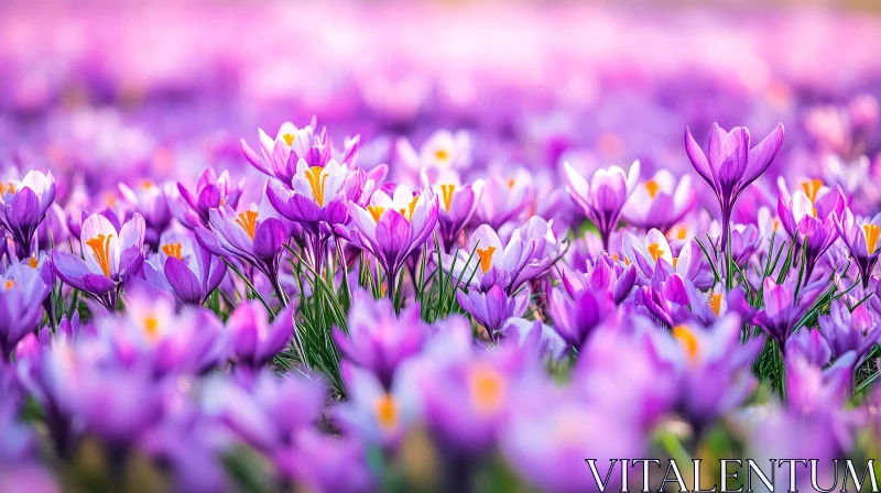 Purple Crocuses Blooming in a Spring Meadow AI Image