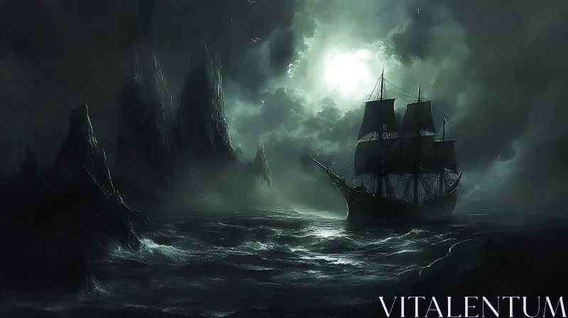 Haunting Vessel in Dark Waters AI Image