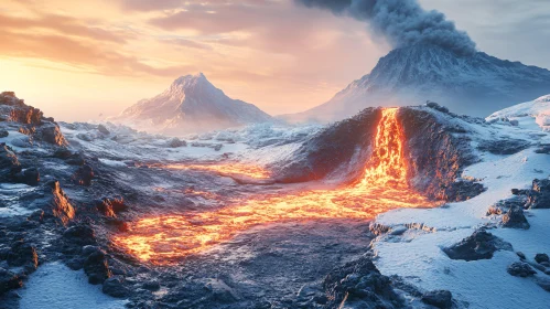 Volcanic Eruption in Snowy Mountains