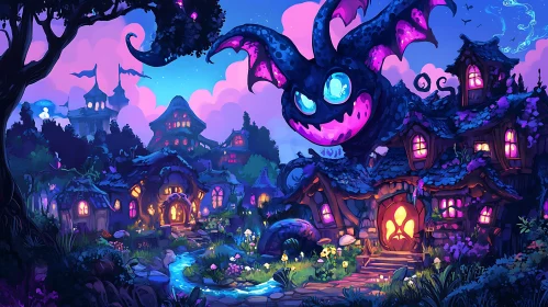 Magical Village Nightscape with Enigmatic Monster