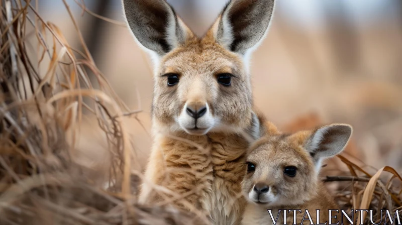 Mother Kangaroo and Baby in Natural Habitat - A Close-up Portraiture AI Image