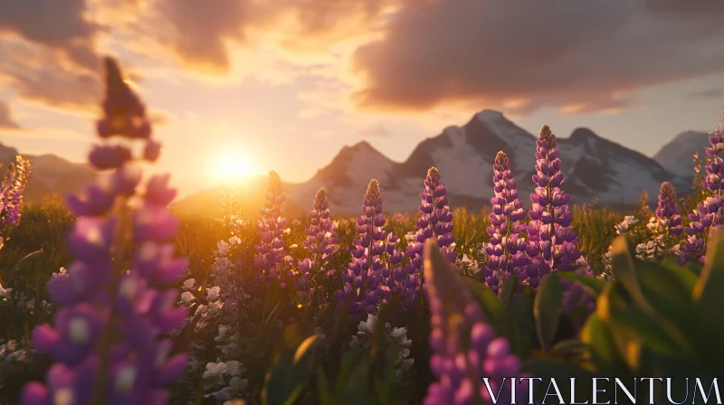 AI ART Golden Hour Lupine Meadow with Mountain Backdrop