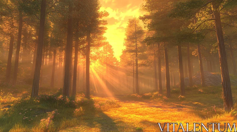 Golden Sunlight in a Majestic Forest at Sunset AI Image