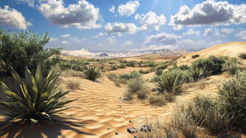 Expansive Desert View with Sand Dunes, Vegetation and Clouds