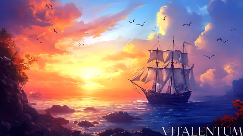 Sailing Ship at Sunset AI Image