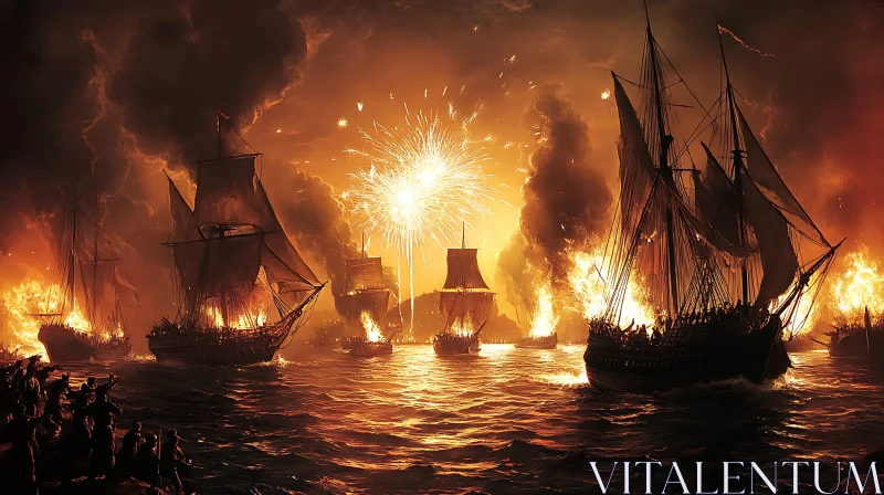 Explosive Sea Battle with Ships on Fire AI Image