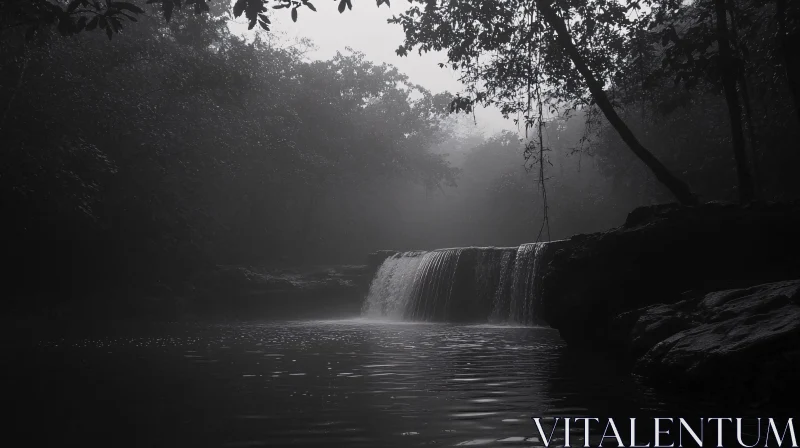 AI ART Ethereal Waterfall in Monochromatic Forest