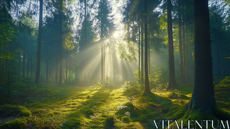 Sunlit Forest with Beams of Light AI Image