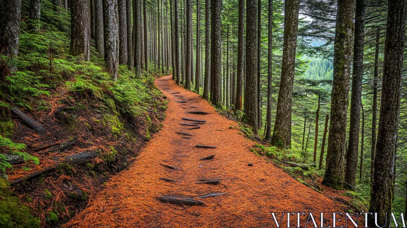 Peaceful Woodland Trail with Green Ferns and Moss AI Image